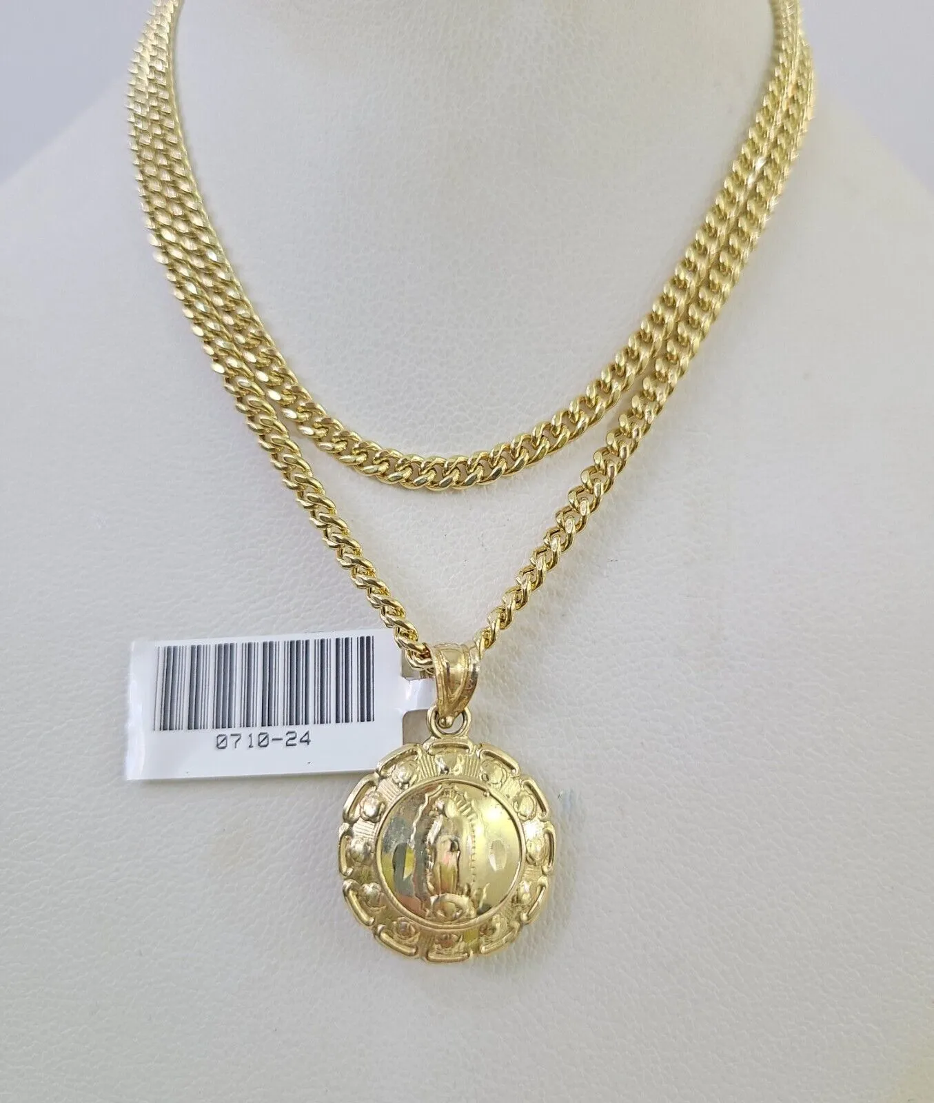 10K Gold Miami Cuban Chain Jesus Mary 18"-28" 3mm REAL Pendant Necklace SET
