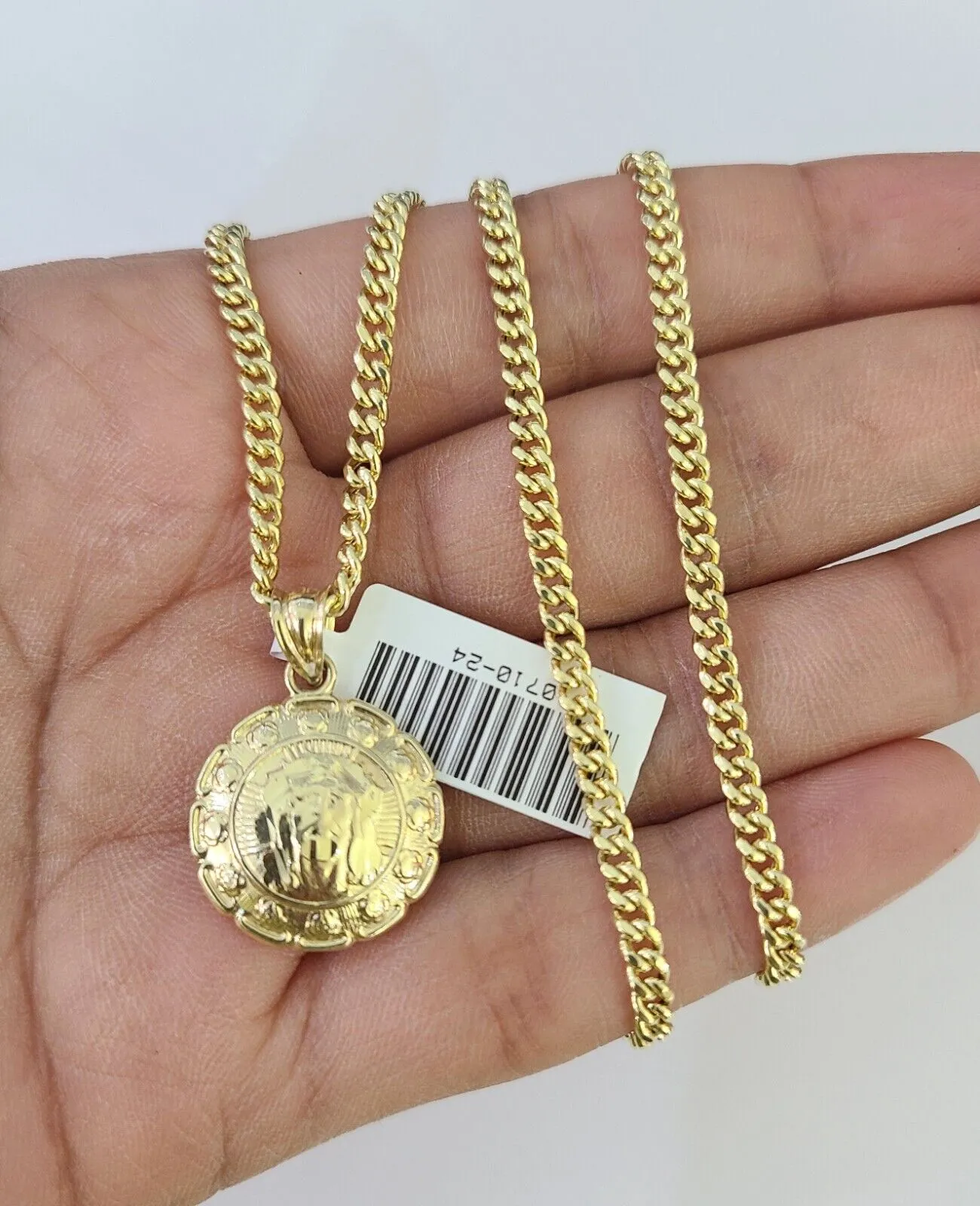 10K Gold Miami Cuban Chain Jesus Mary 18"-28" 3mm REAL Pendant Necklace SET