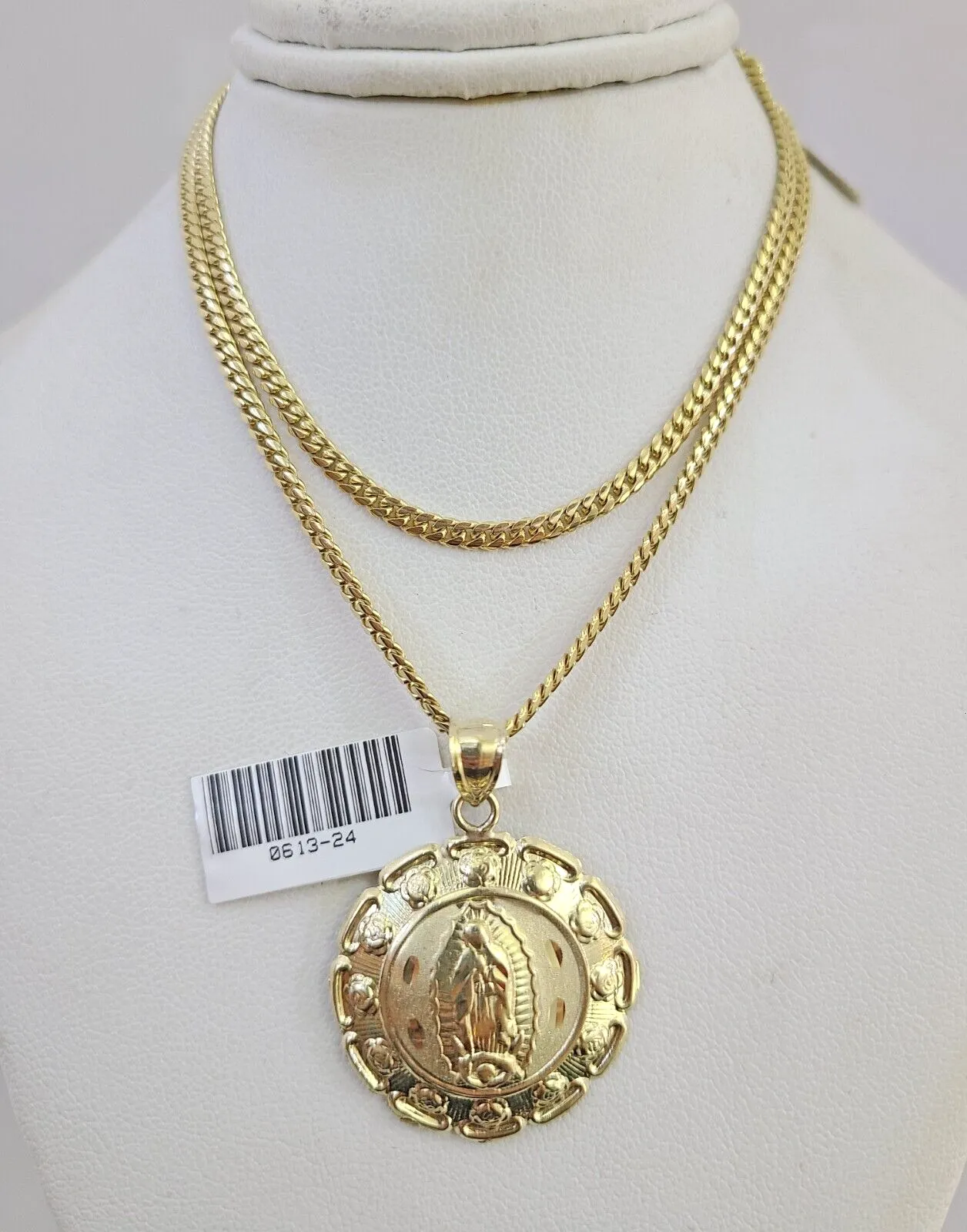 10K Solid Gold Chain Miami Cuban Virgin Mary Pendant 2.5mm Charm SET 18"-24"