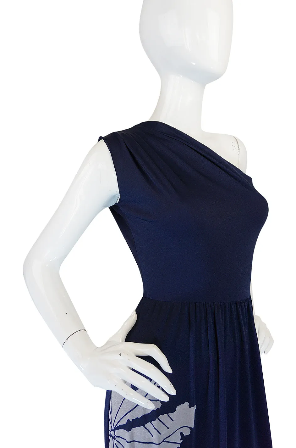 1970s Unlabelled Mac Tac Printed One Shoulder Navy Dress