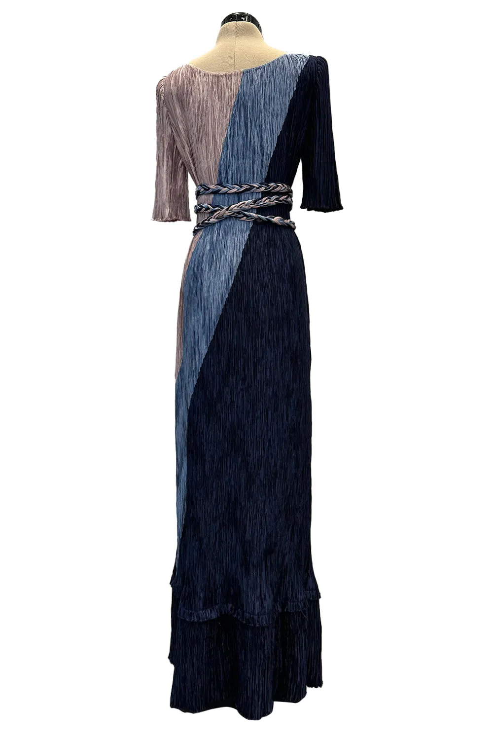 1980s Mary McFadden Couture Blue & Deep Dusky Pink Pleated Dress w Extra Long Braided Belt