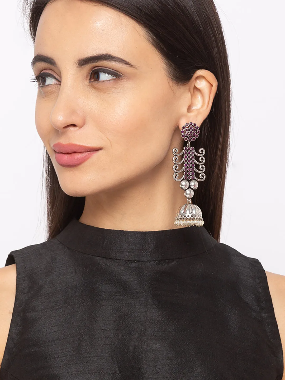 Antique German Silver Oxidized Earrings Tribal Design Engraved Stones Studded Pearl Dangler Jhumka
