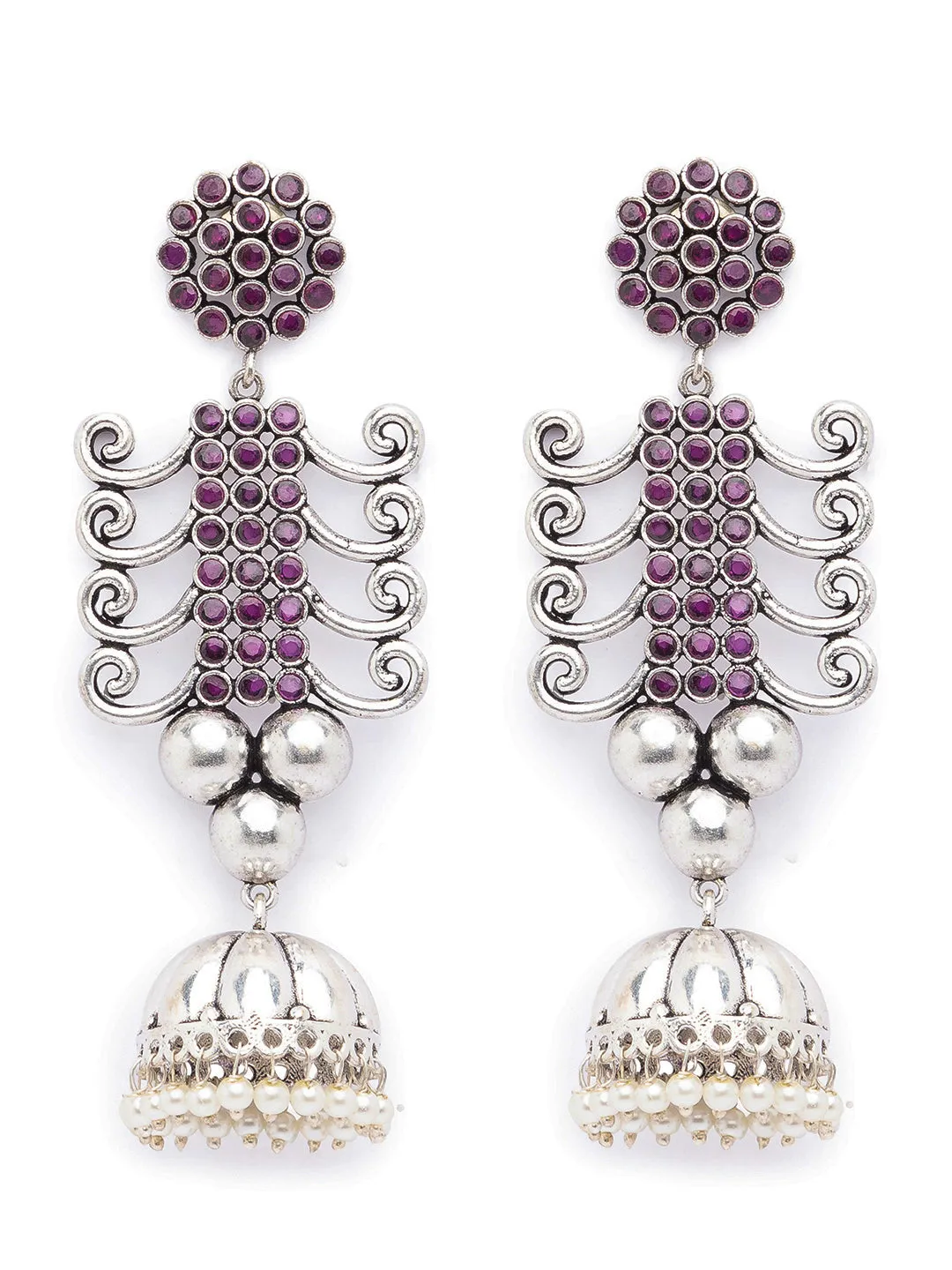 Antique German Silver Oxidized Earrings Tribal Design Engraved Stones Studded Pearl Dangler Jhumka