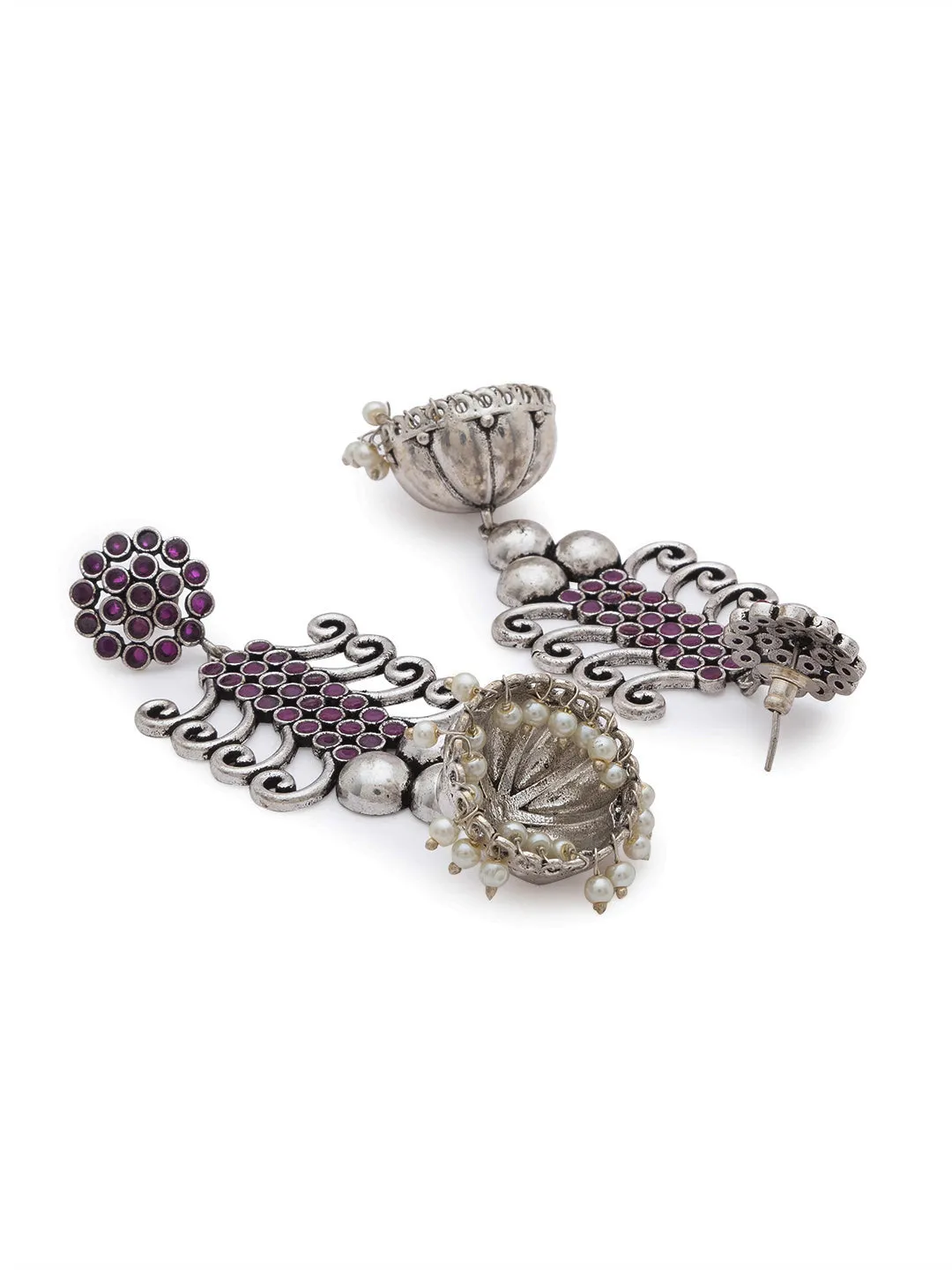 Antique German Silver Oxidized Earrings Tribal Design Engraved Stones Studded Pearl Dangler Jhumka