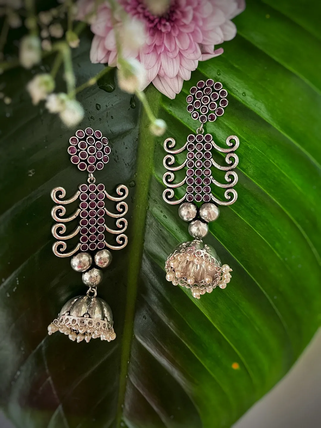 Antique German Silver Oxidized Earrings Tribal Design Engraved Stones Studded Pearl Dangler Jhumka