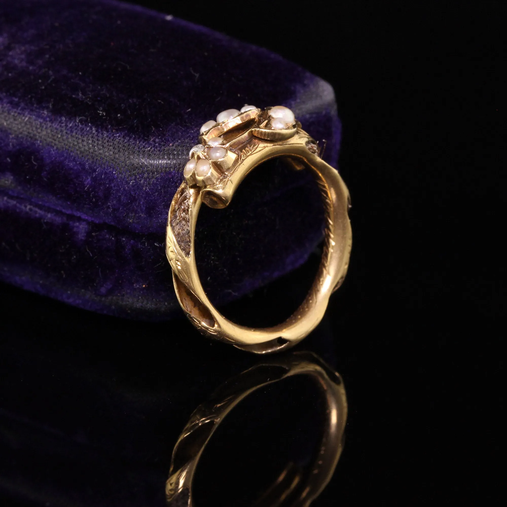 Antique Victorian 18K Yellow Gold Seed Pearl Mourning Ring