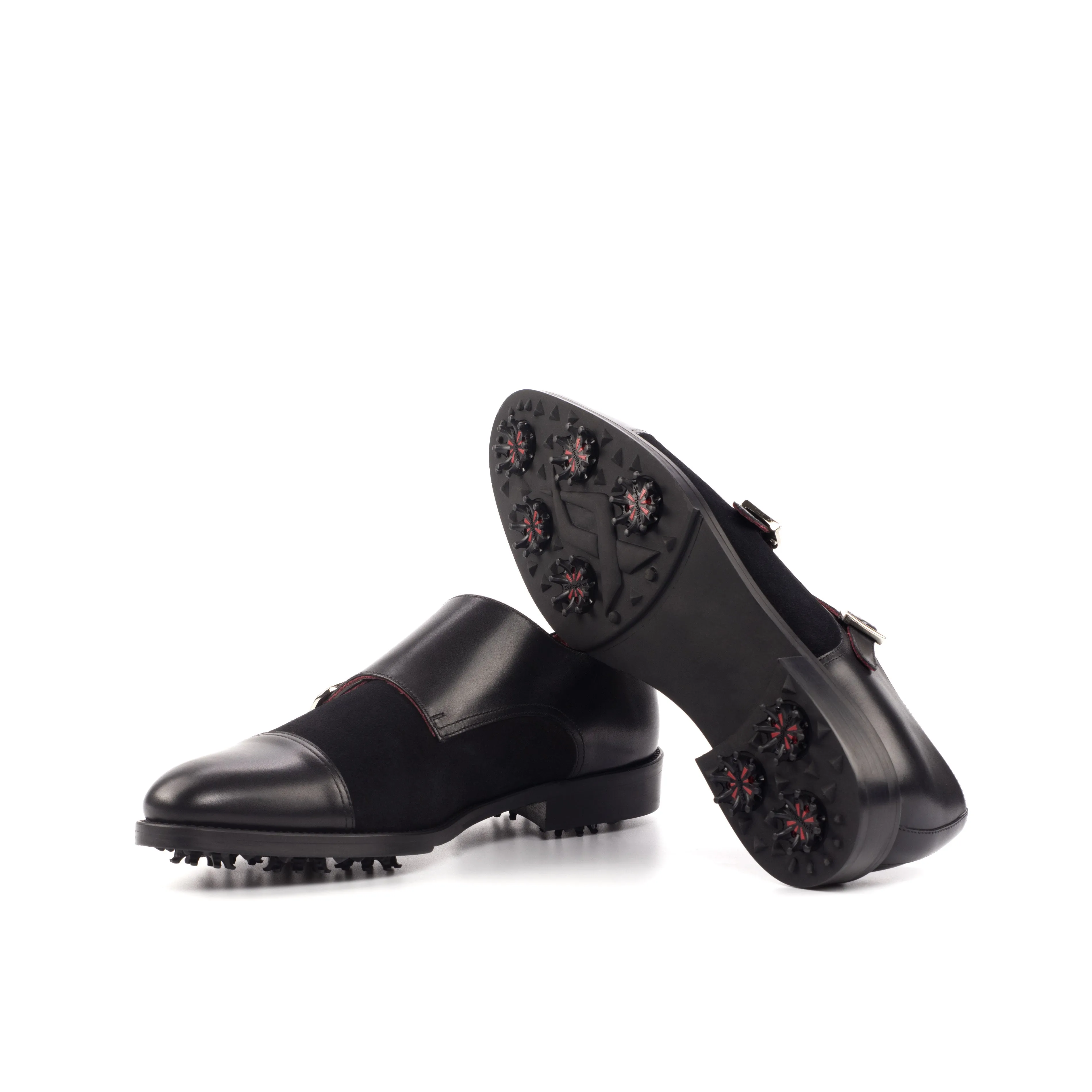 Black Calf & Suede Double Monk-Strap Golf Shoes