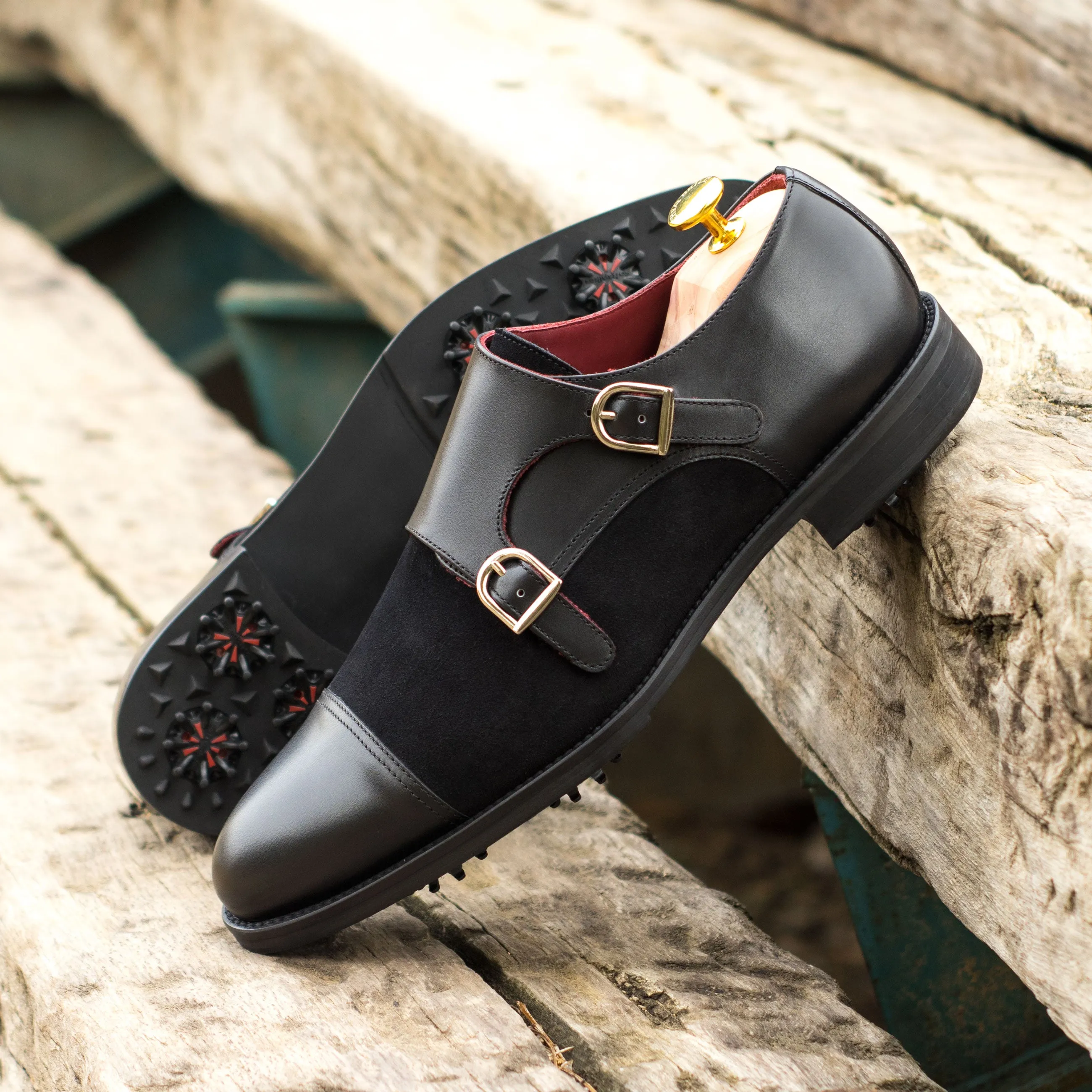 Black Calf & Suede Double Monk-Strap Golf Shoes