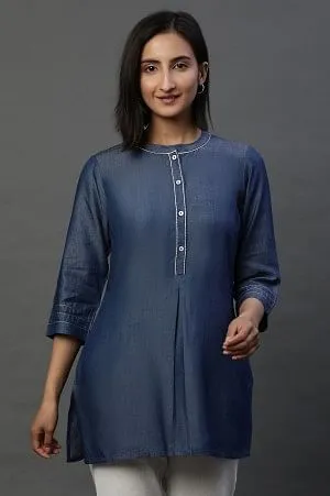 Blue Denim Solid Short Kurti