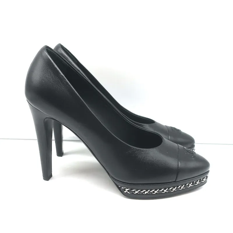 Chanel 14B CC Cap Toe Chain Platform Pumps Black Leather Size 38.5