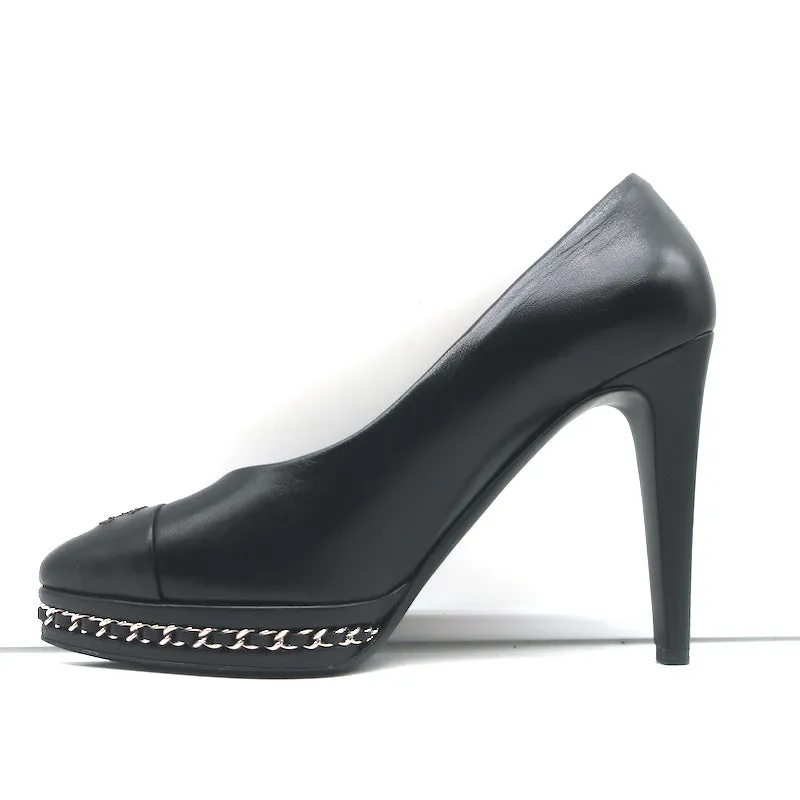 Chanel 14B CC Cap Toe Chain Platform Pumps Black Leather Size 38.5