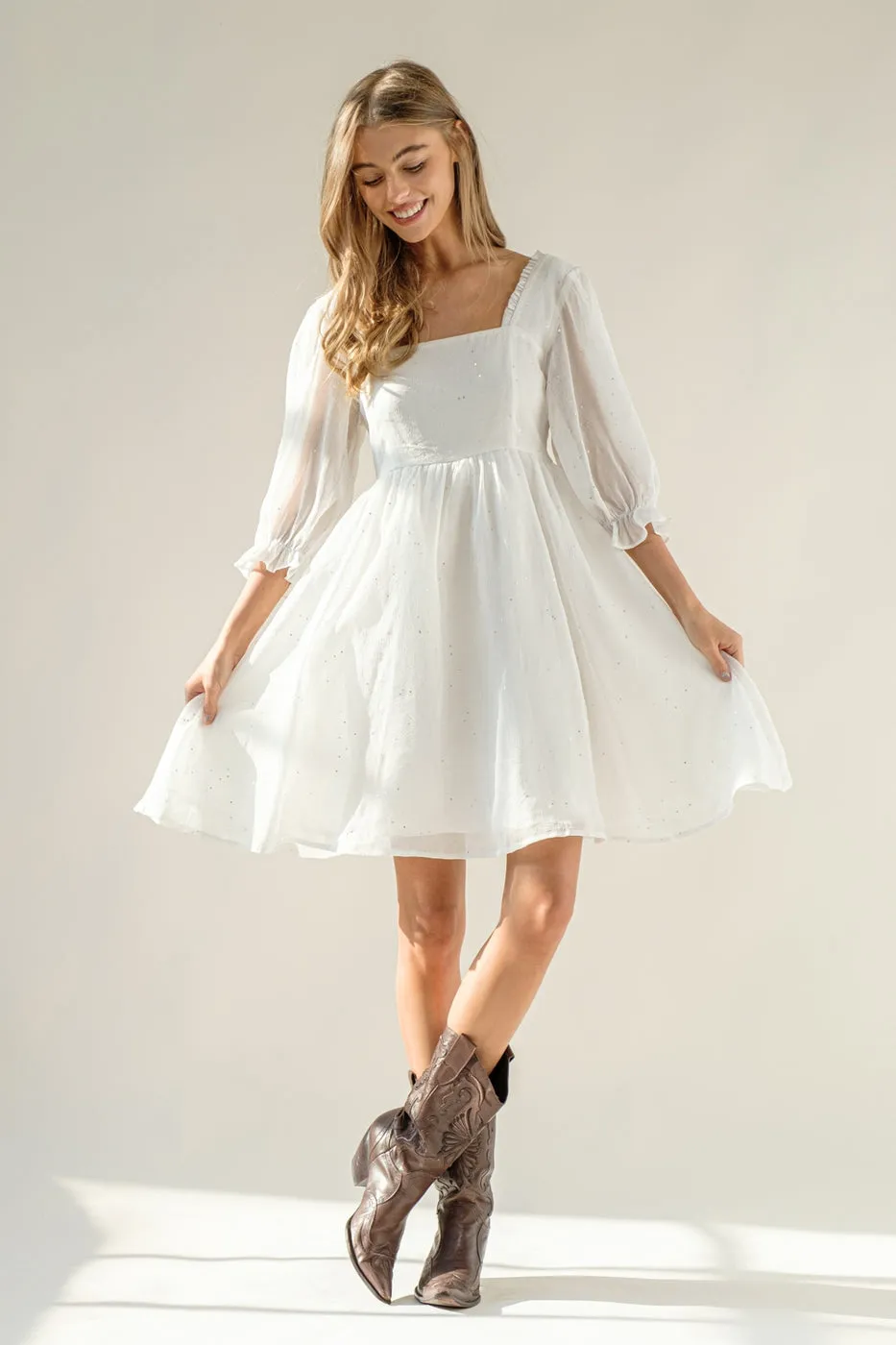 Chiffon Metallic Star Mini Dress with 3/4 Sleeves and Tie Back