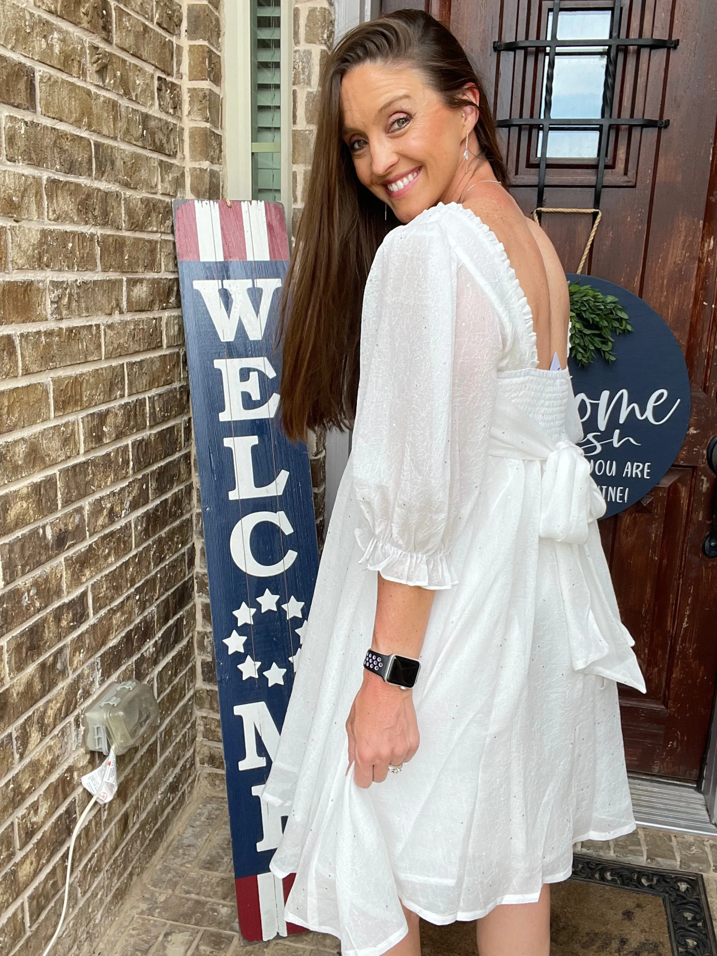 Chiffon Metallic Star Mini Dress with 3/4 Sleeves and Tie Back