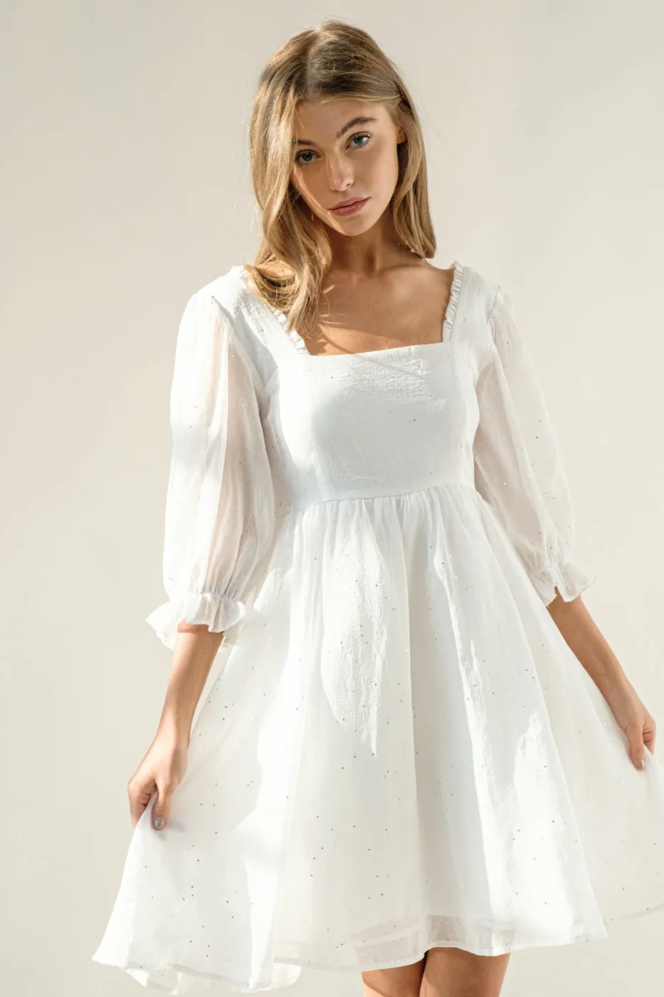 Chiffon Metallic Star Mini Dress with 3/4 Sleeves and Tie Back