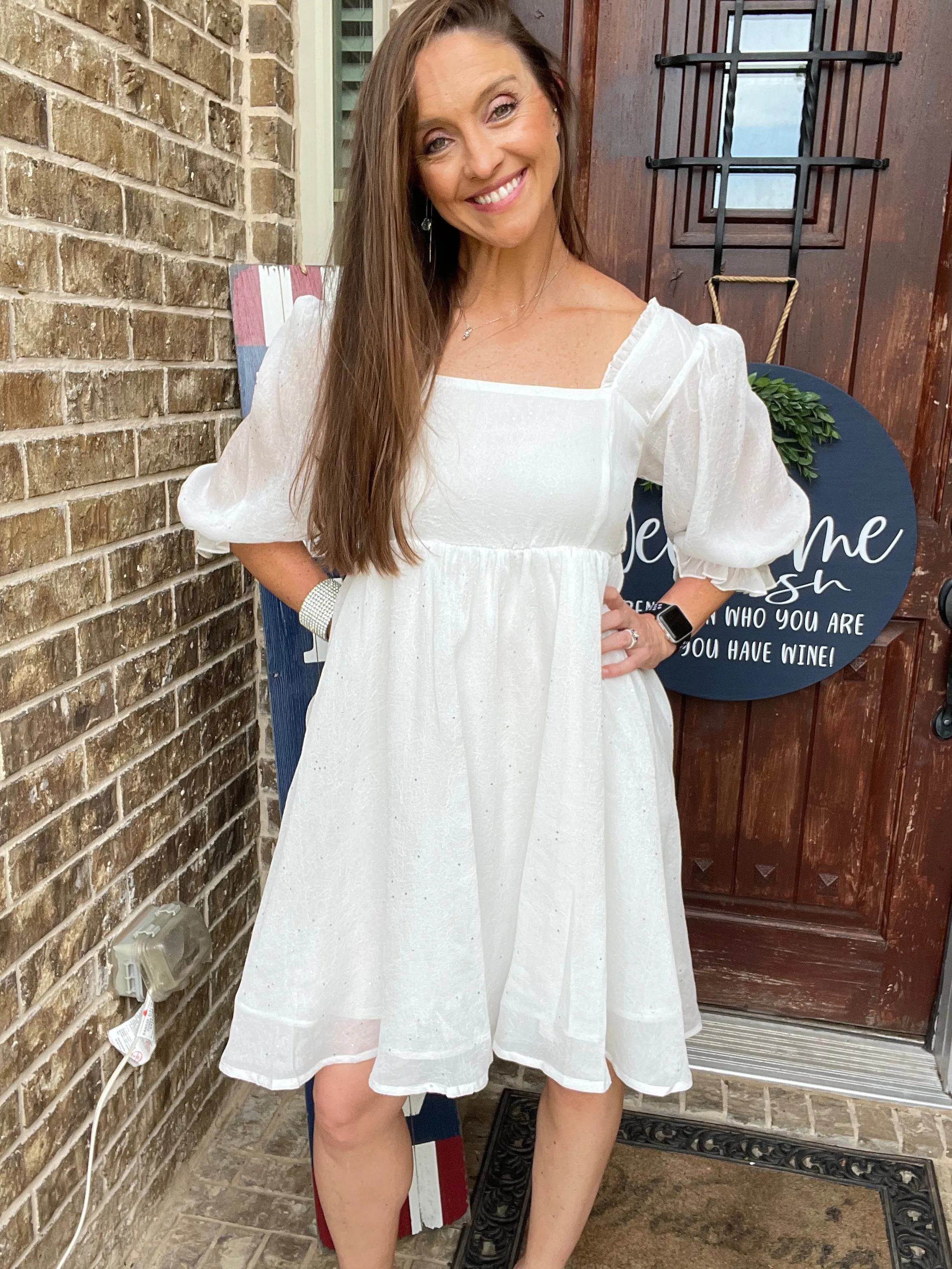 Chiffon Metallic Star Mini Dress with 3/4 Sleeves and Tie Back