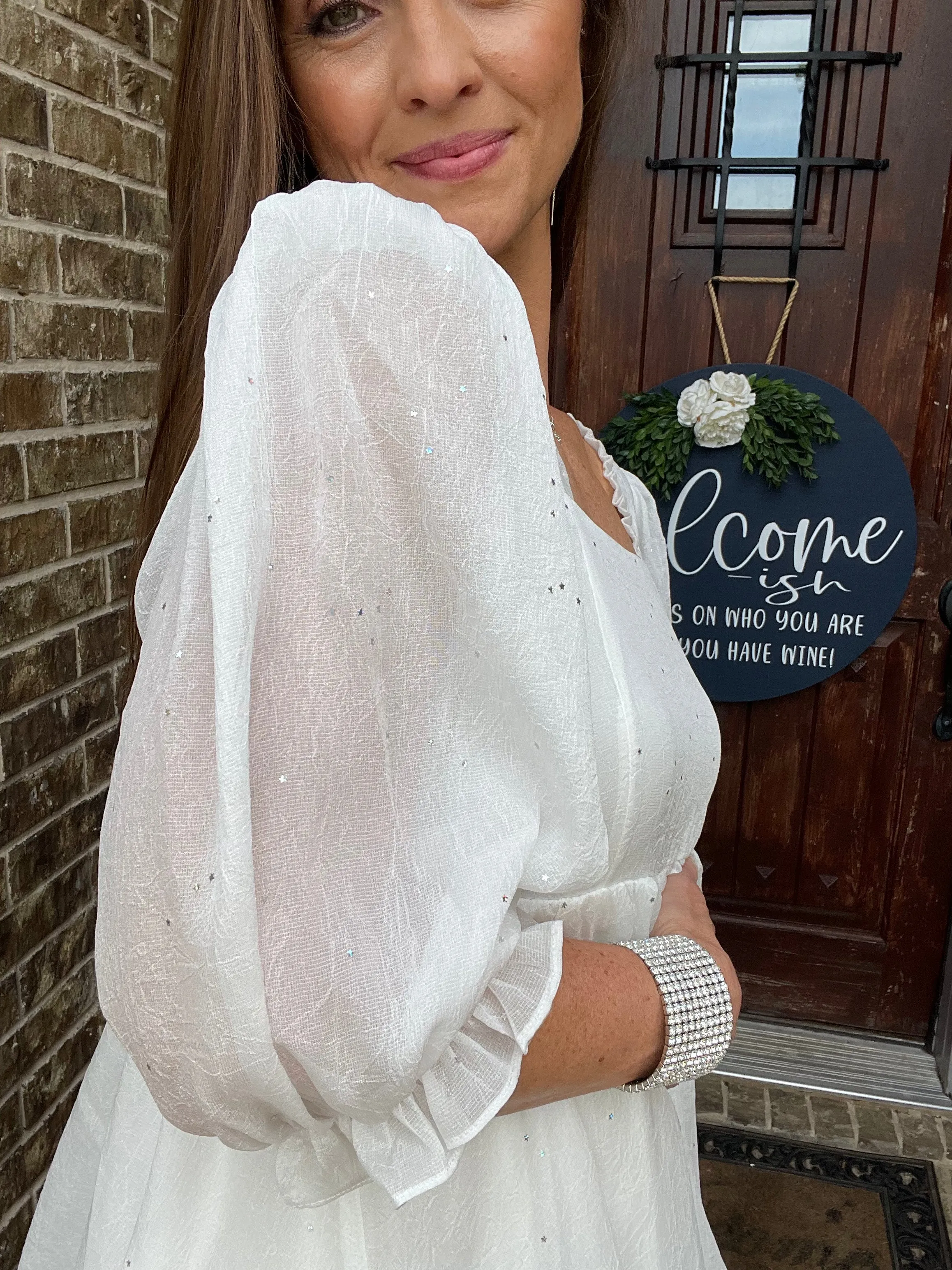 Chiffon Metallic Star Mini Dress with 3/4 Sleeves and Tie Back