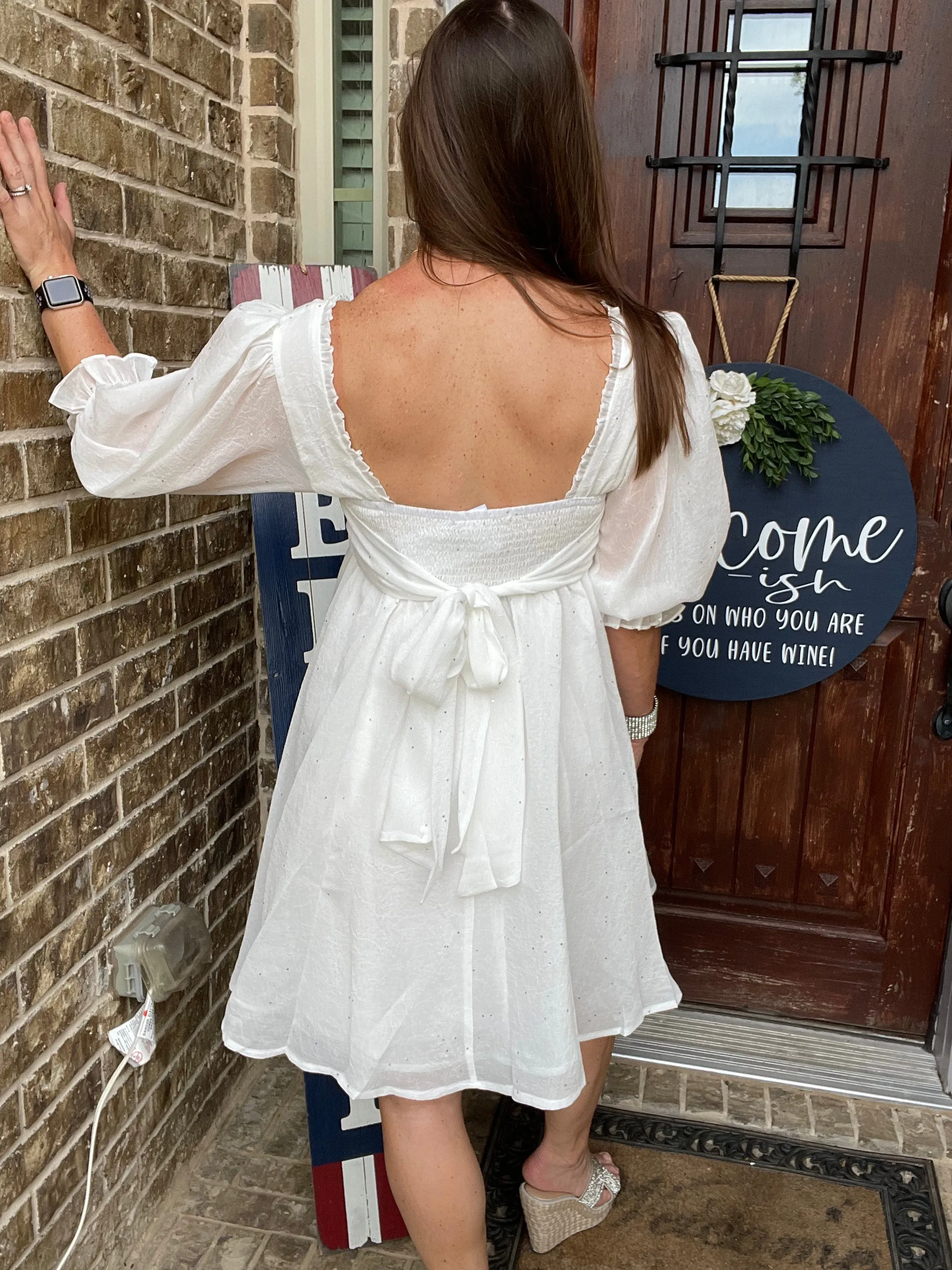 Chiffon Metallic Star Mini Dress with 3/4 Sleeves and Tie Back