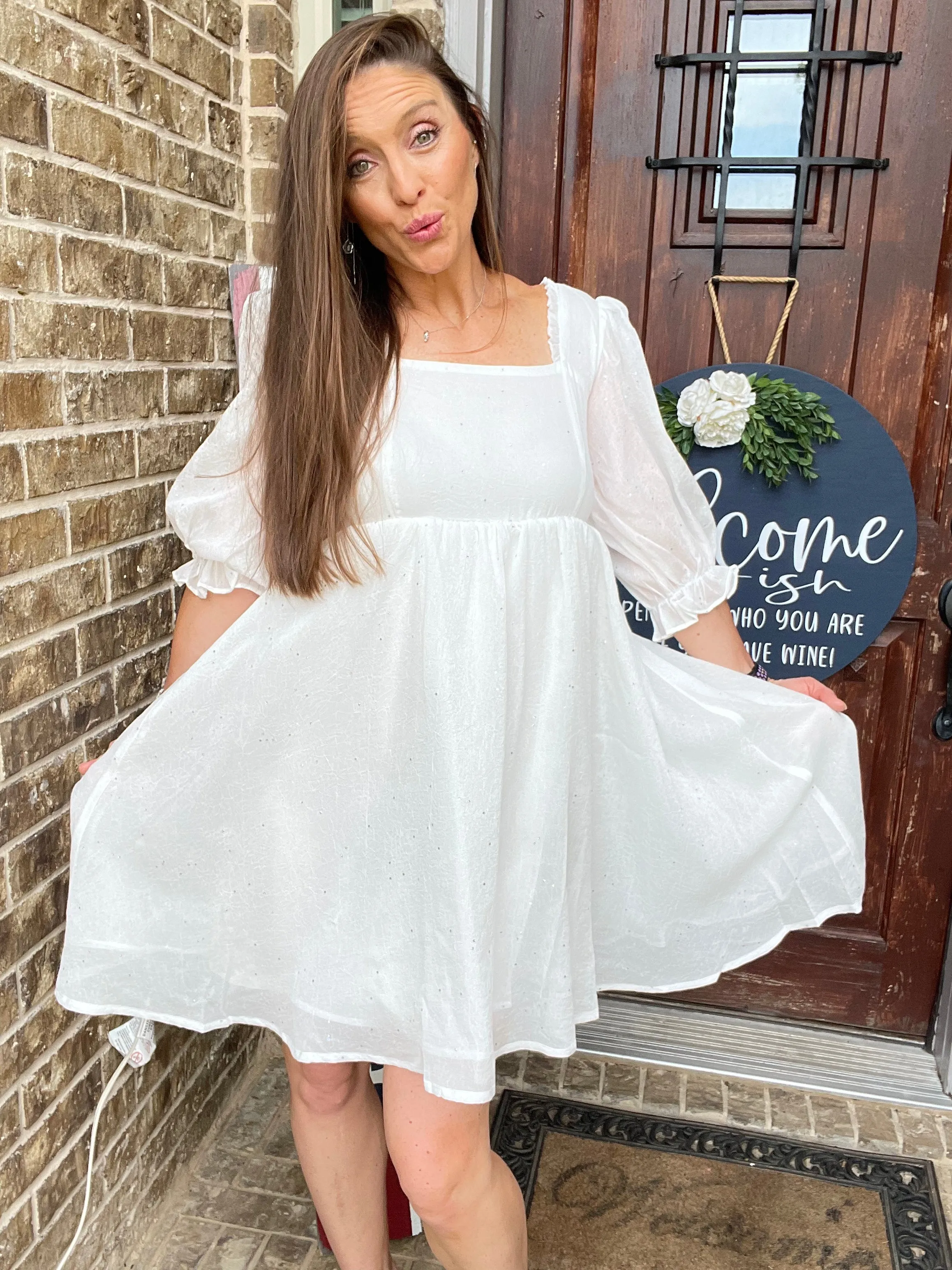 Chiffon Metallic Star Mini Dress with 3/4 Sleeves and Tie Back