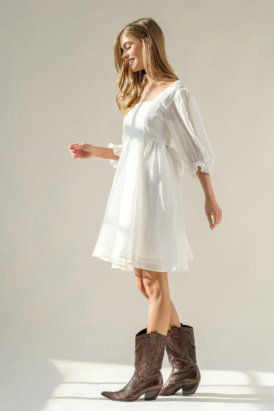 Chiffon Metallic Star Mini Dress with 3/4 Sleeves and Tie Back