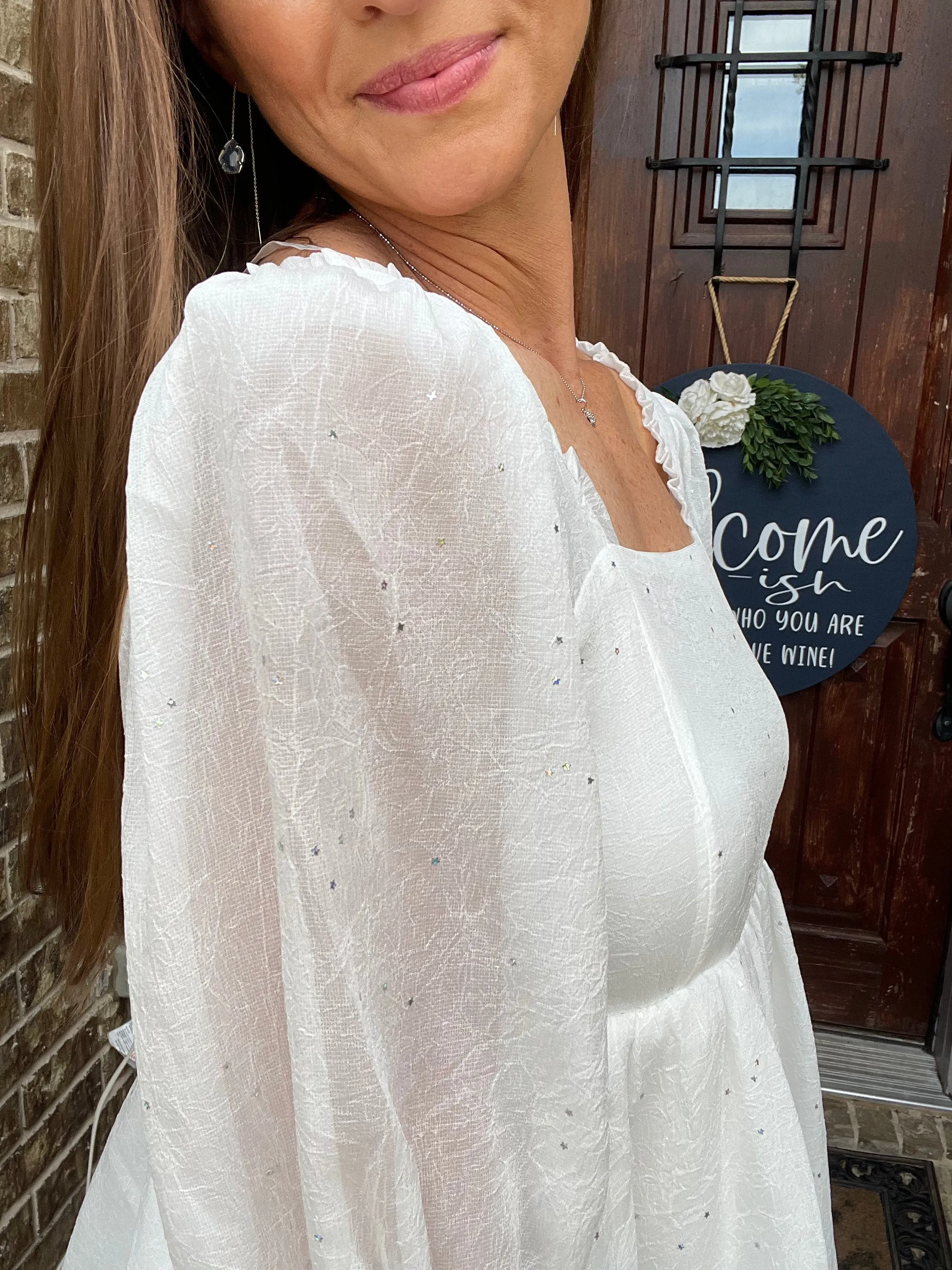 Chiffon Metallic Star Mini Dress with 3/4 Sleeves and Tie Back