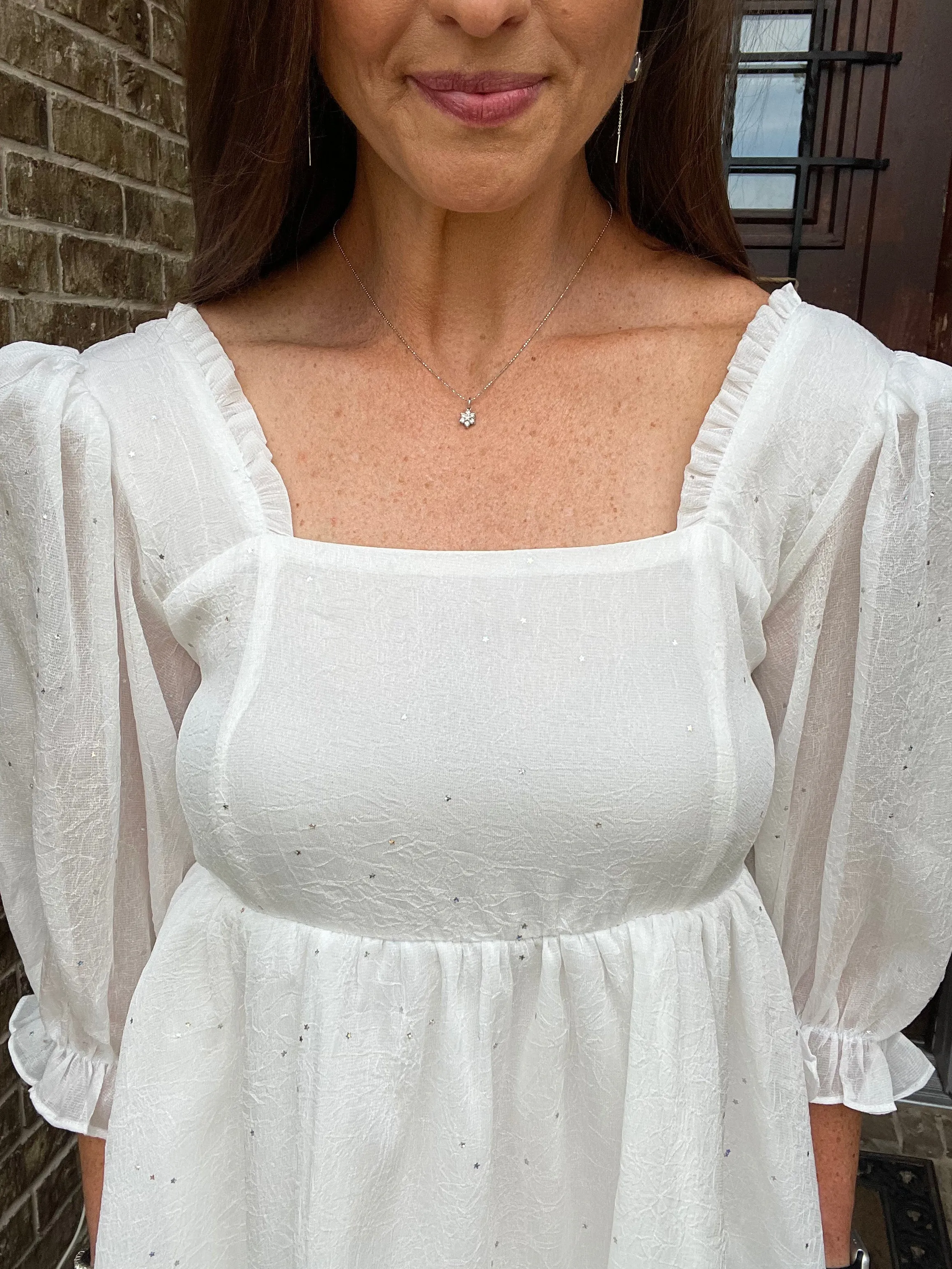 Chiffon Metallic Star Mini Dress with 3/4 Sleeves and Tie Back