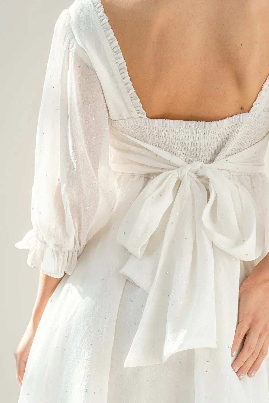 Chiffon Metallic Star Mini Dress with 3/4 Sleeves and Tie Back