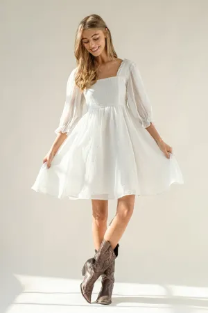 Chiffon Metallic Star Mini Dress with 3/4 Sleeves and Tie Back