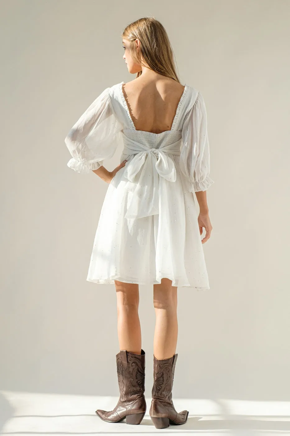 Chiffon Metallic Star Mini Dress with 3/4 Sleeves and Tie Back