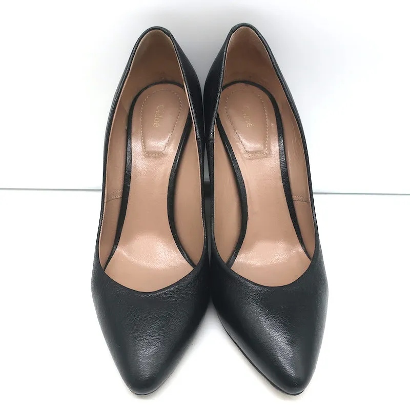 Chloe Beckie Metal-Trim Pumps Black Leather Size 36 Pointed Toe Heels