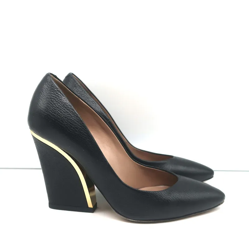 Chloe Beckie Metal-Trim Pumps Black Leather Size 36 Pointed Toe Heels