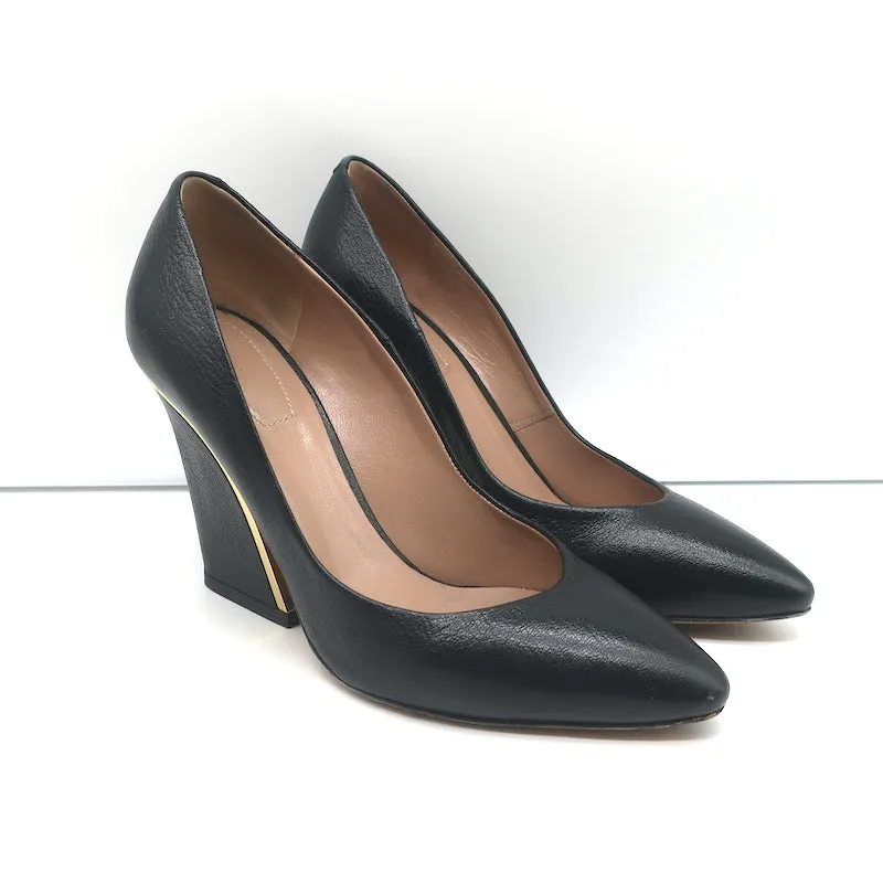 Chloe Beckie Metal-Trim Pumps Black Leather Size 36 Pointed Toe Heels
