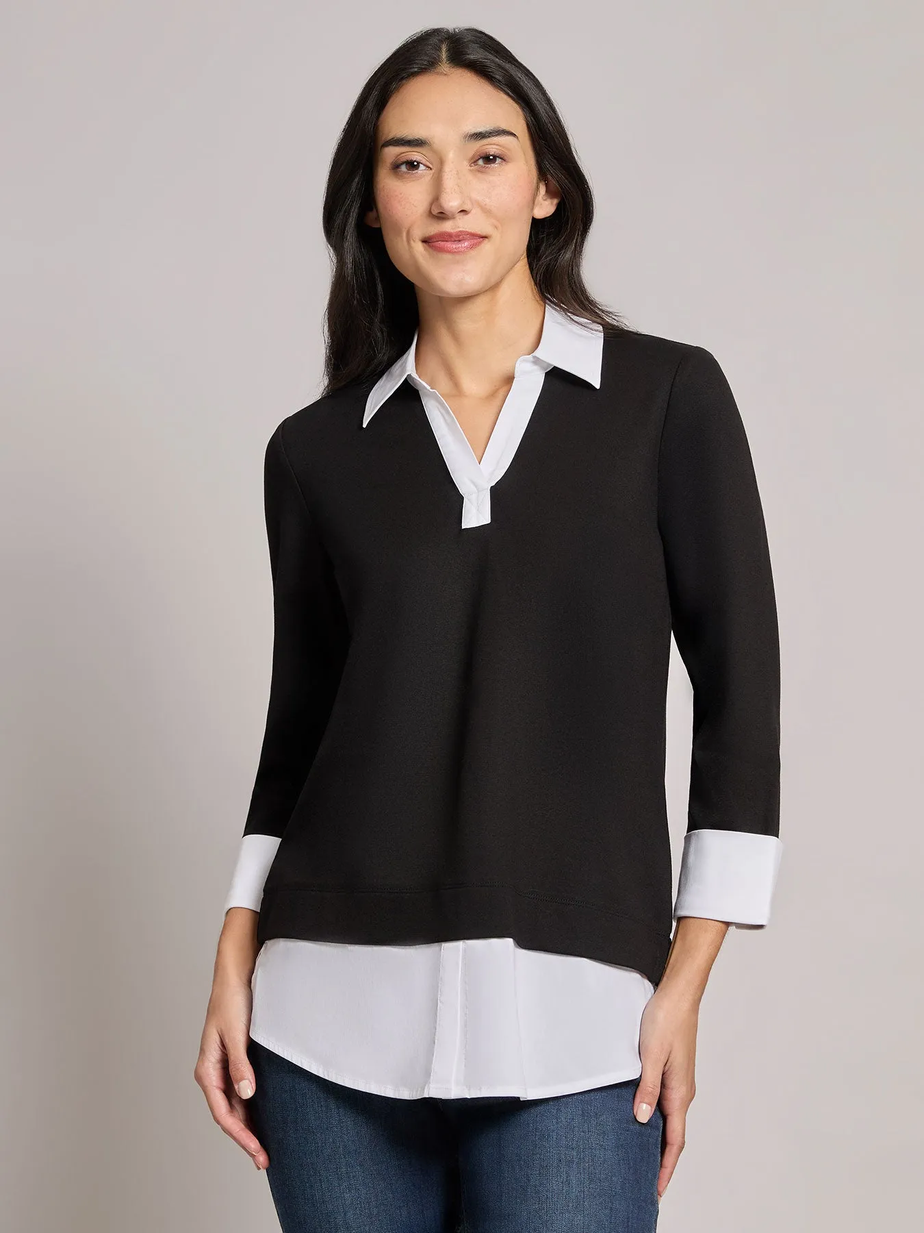 Collared Shirt V-Neck Two-Fer Top