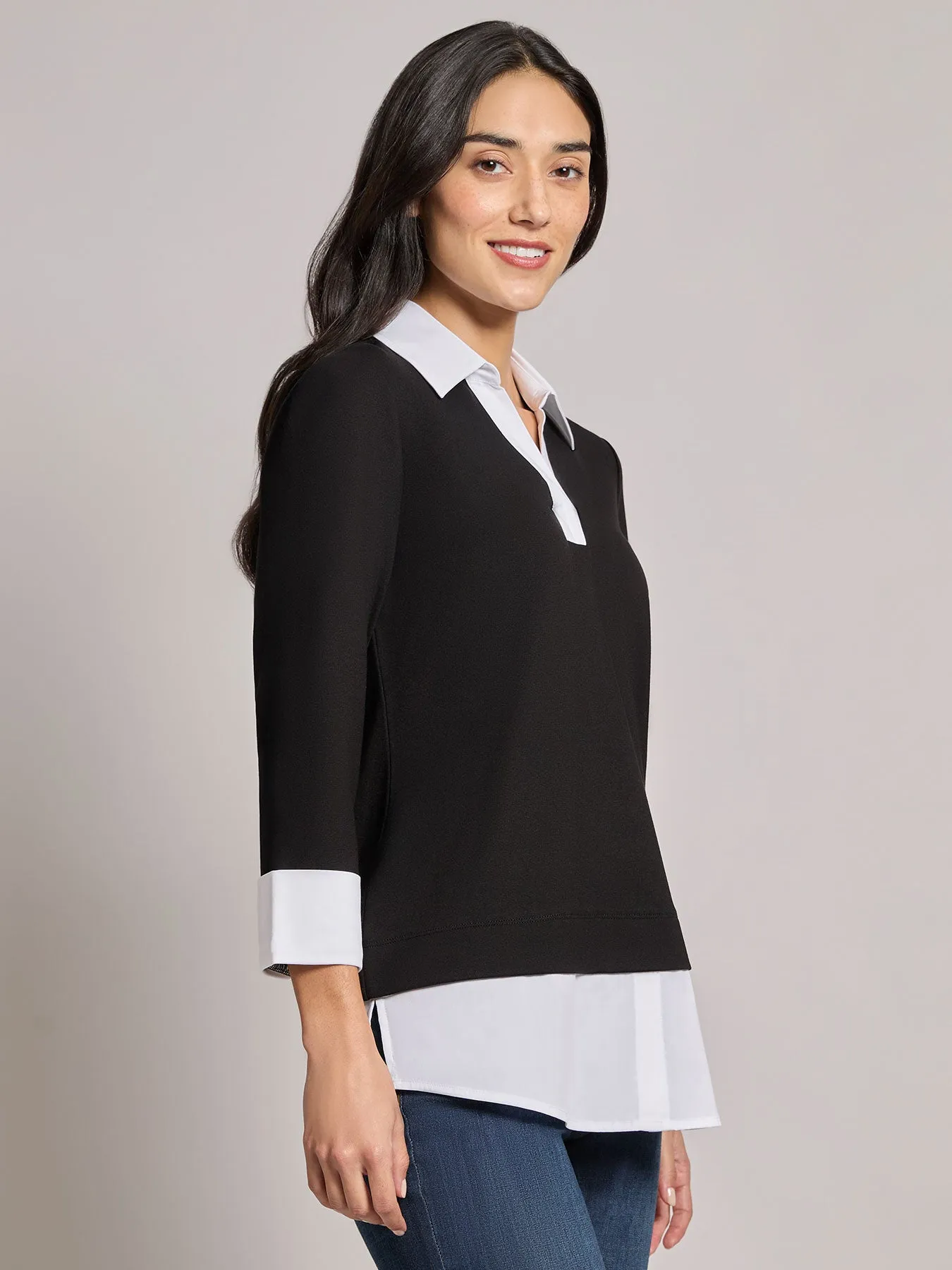 Collared Shirt V-Neck Two-Fer Top