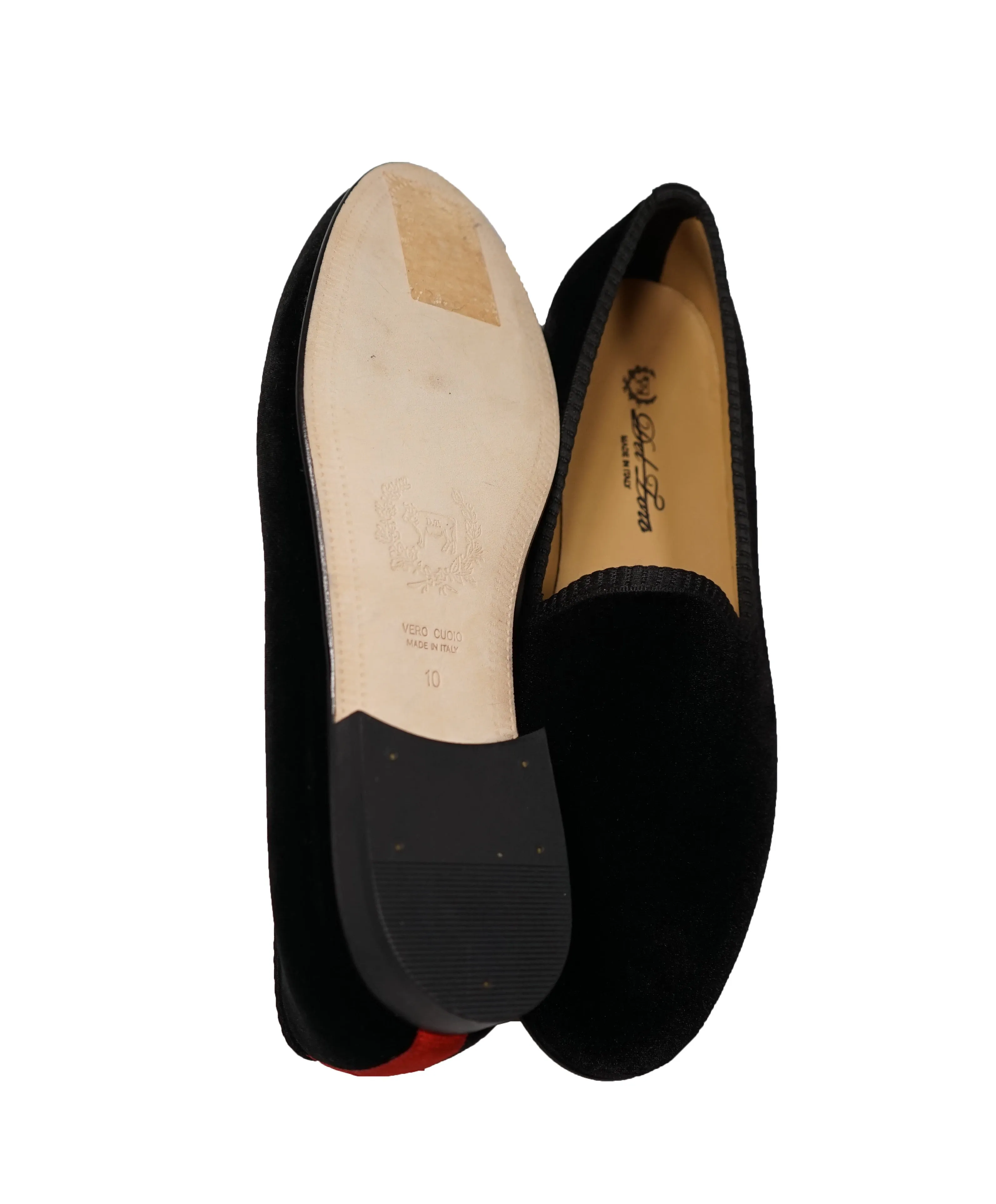 DEL TORO - Black Red Stripe Velvet Smoking Slippers Loafers - L9.5/R10