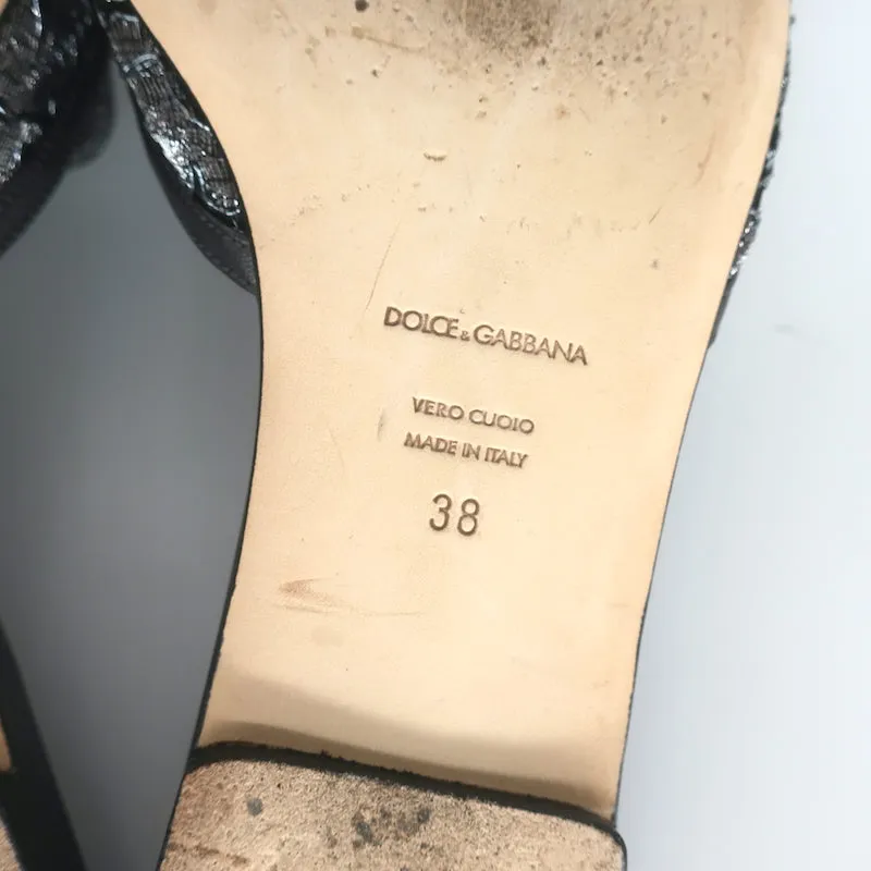 Dolce & Gabbana Sofia Crystal-Embellished Lace Slides Gunmetal Leather Size 38