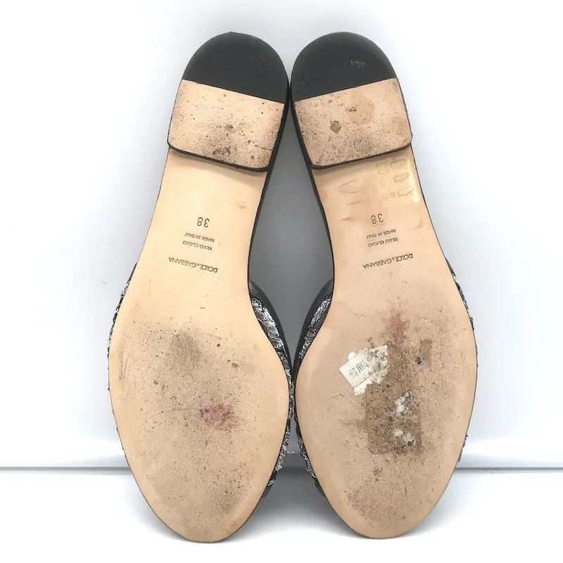 Dolce & Gabbana Sofia Crystal-Embellished Lace Slides Gunmetal Leather Size 38