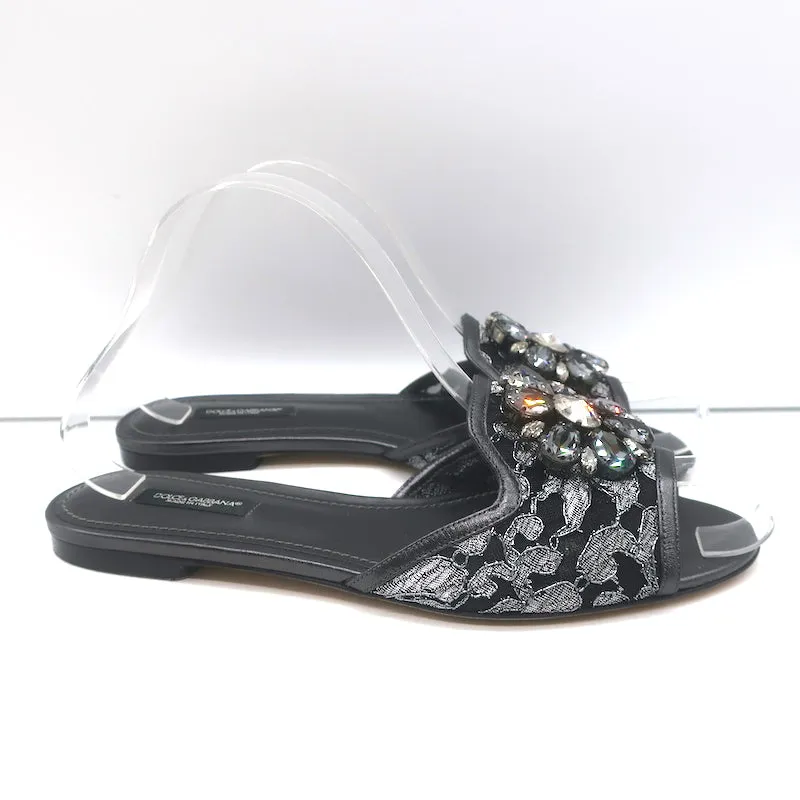 Dolce & Gabbana Sofia Crystal-Embellished Lace Slides Gunmetal Leather Size 38