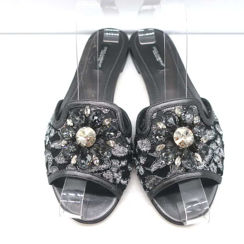 Dolce & Gabbana Sofia Crystal-Embellished Lace Slides Gunmetal Leather Size 38