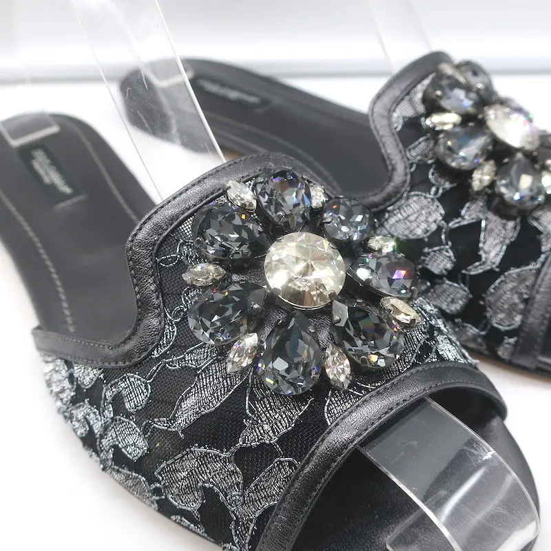 Dolce & Gabbana Sofia Crystal-Embellished Lace Slides Gunmetal Leather Size 38