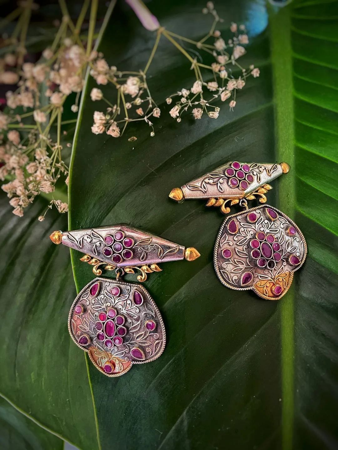 German Oxidized Silver Earrings Antique Tribal Design Engraved Pink Stone Studded Danglers