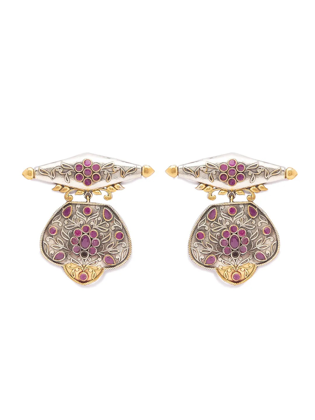 German Oxidized Silver Earrings Antique Tribal Design Engraved Pink Stone Studded Danglers