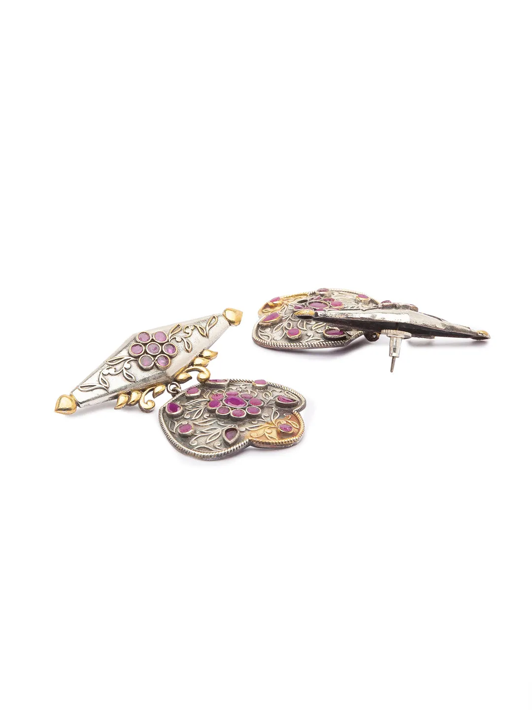 German Oxidized Silver Earrings Antique Tribal Design Engraved Pink Stone Studded Danglers