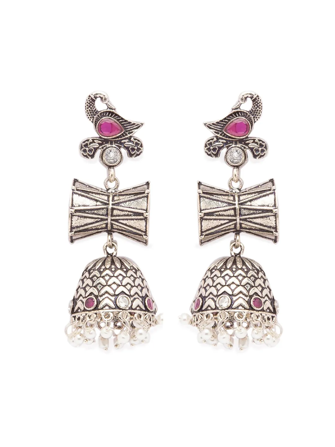 German Oxidized Silver Earrings Antique Tribal Peacock/Damru Engraved Lightweight Dangler Jhumka