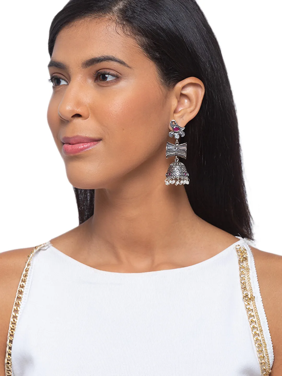 German Oxidized Silver Earrings Antique Tribal Peacock/Damru Engraved Lightweight Dangler Jhumka