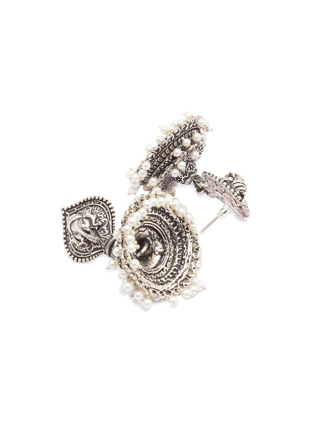 German Oxidized Silver Earrings Antique Tribal Trendy Ganesha Engraved Lightweight Dangler Jhumka