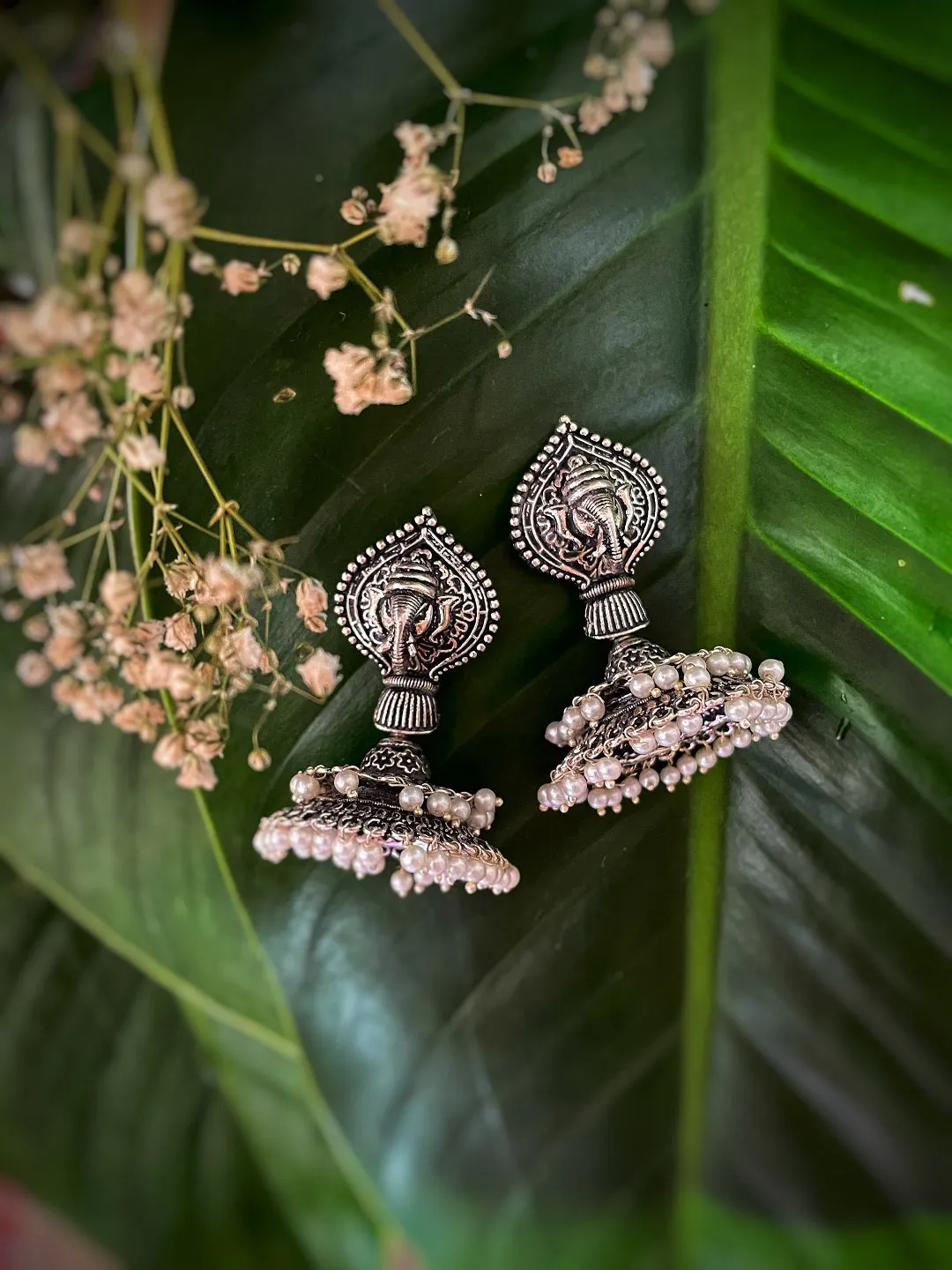 German Oxidized Silver Earrings Antique Tribal Trendy Ganesha Engraved Lightweight Dangler Jhumka