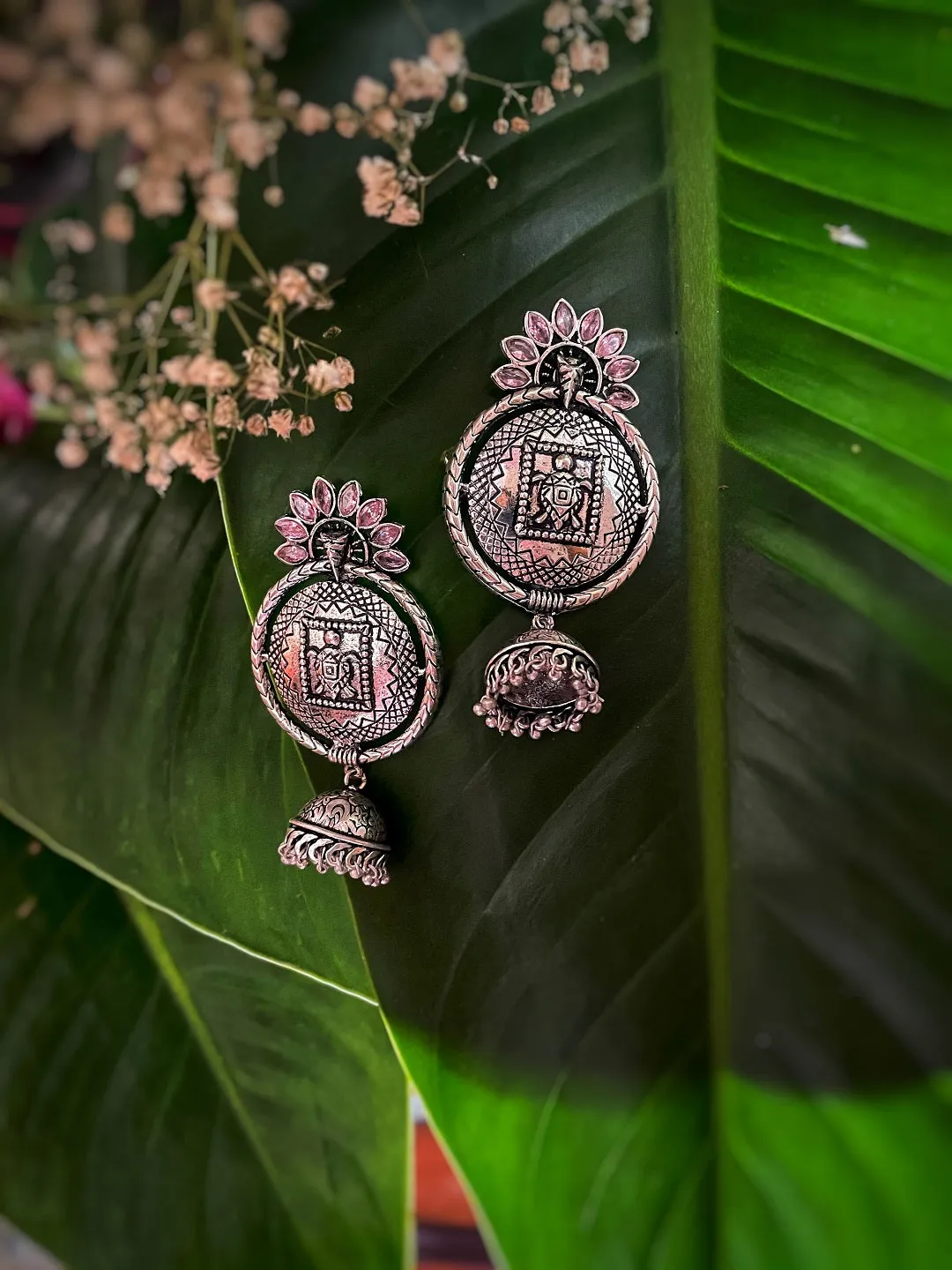 German Oxidized Silver Earrings Tortoise Engraved Design Pink Stones Studded Dangler Jhumka