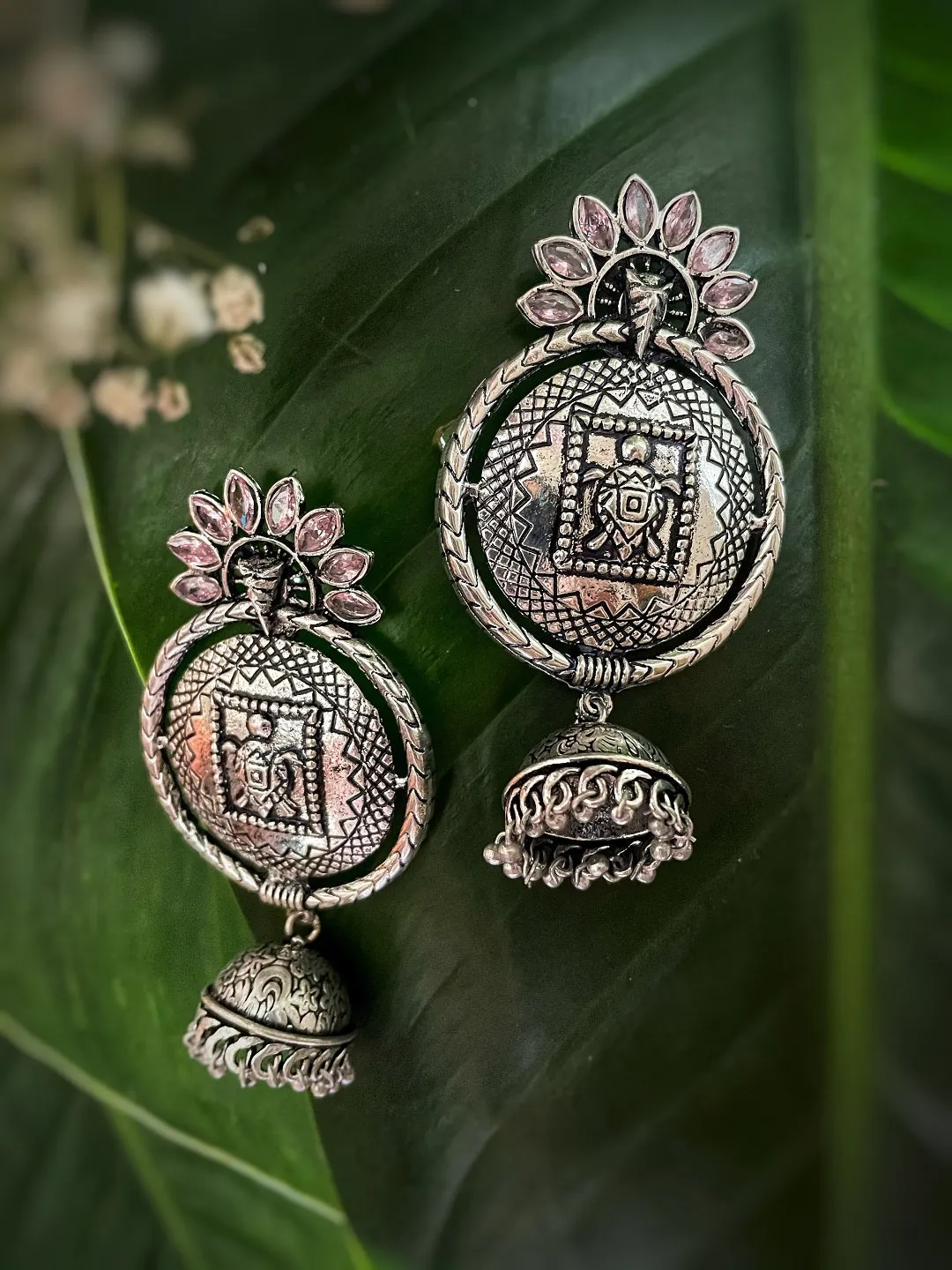 German Oxidized Silver Earrings Tortoise Engraved Design Pink Stones Studded Dangler Jhumka