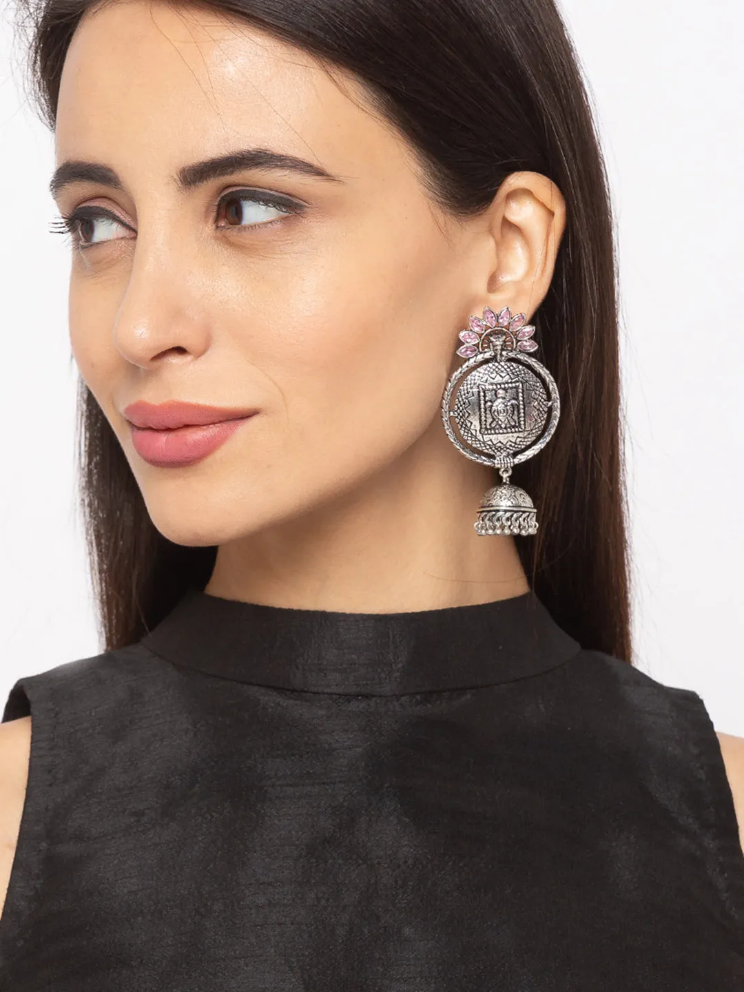 German Oxidized Silver Earrings Tortoise Engraved Design Pink Stones Studded Dangler Jhumka