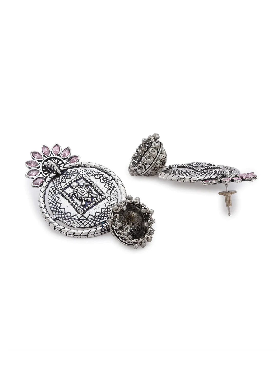 German Oxidized Silver Earrings Tortoise Engraved Design Pink Stones Studded Dangler Jhumka